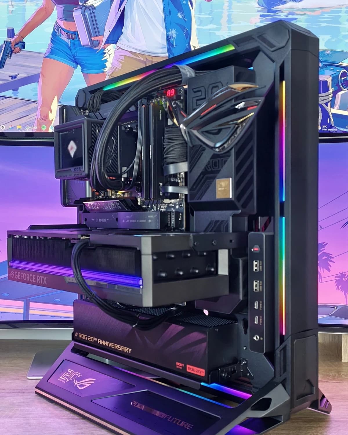 Erelen Powered by ASUS gaming PC in the open ROG GR20 frame with a ROG ASTRAL RTX 5080 and lighting