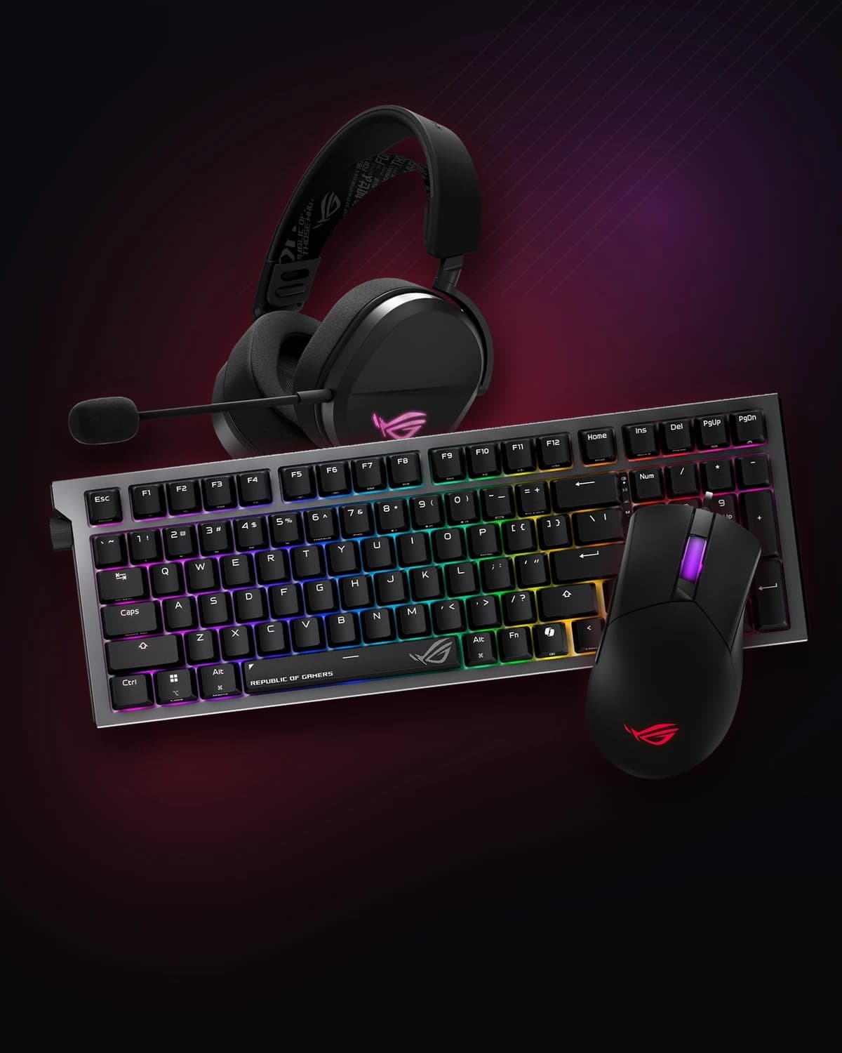 ASUS ROG Strix Morph 96 keyboard, ROG Pelta headset and ROG Gladius III mouse on a dark background with a red glow