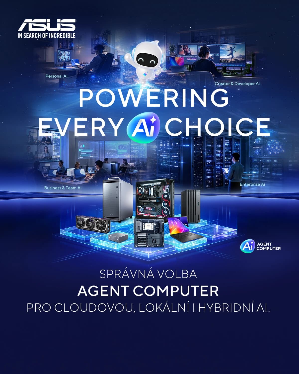 ASUS Powering Every AI Choice banner: ASUS desktops, servers and laptops for cloud, local and hybrid AI