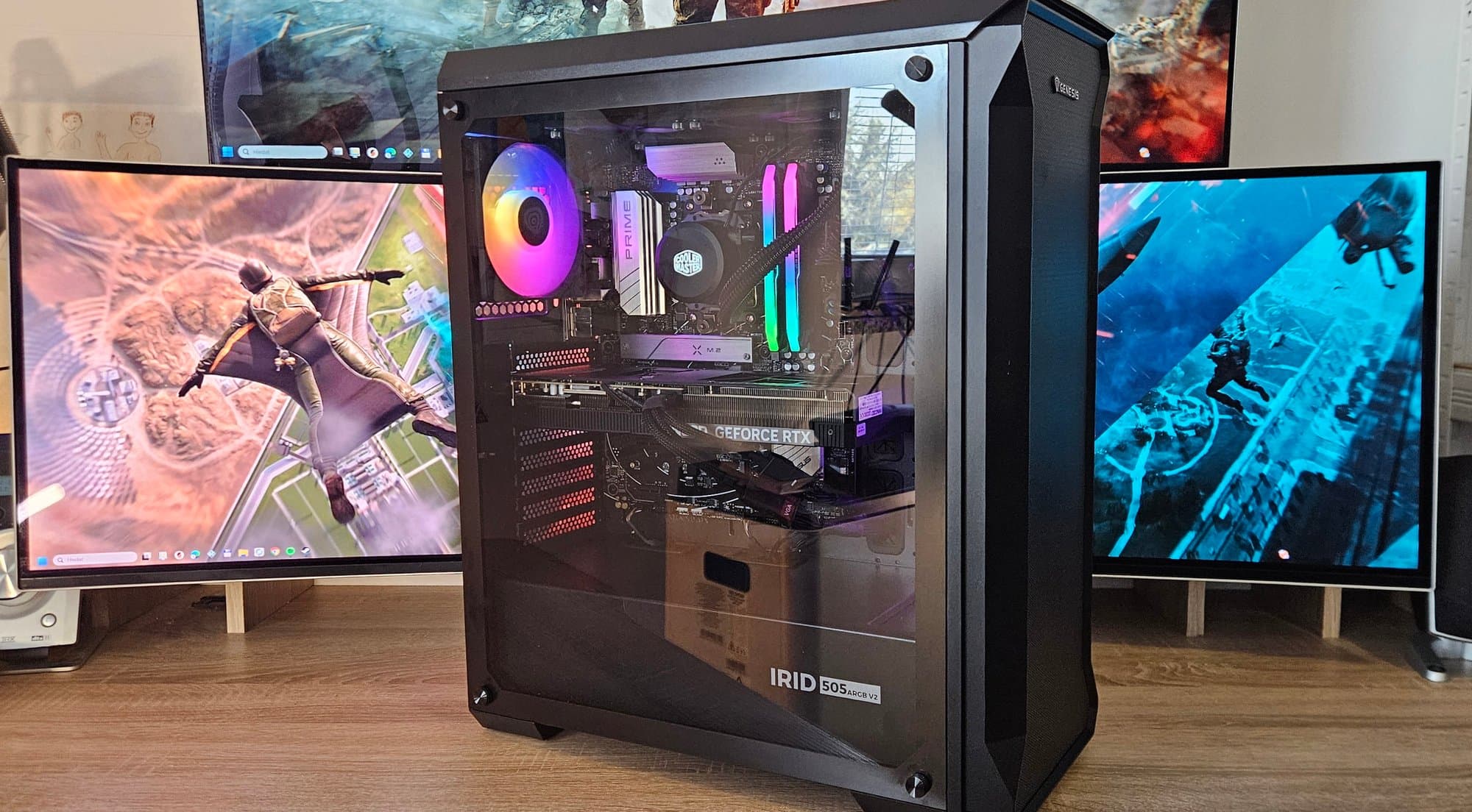 Gaming PC with ARGB fans and tropical beach wallpaper on curved monitor – Erelen
